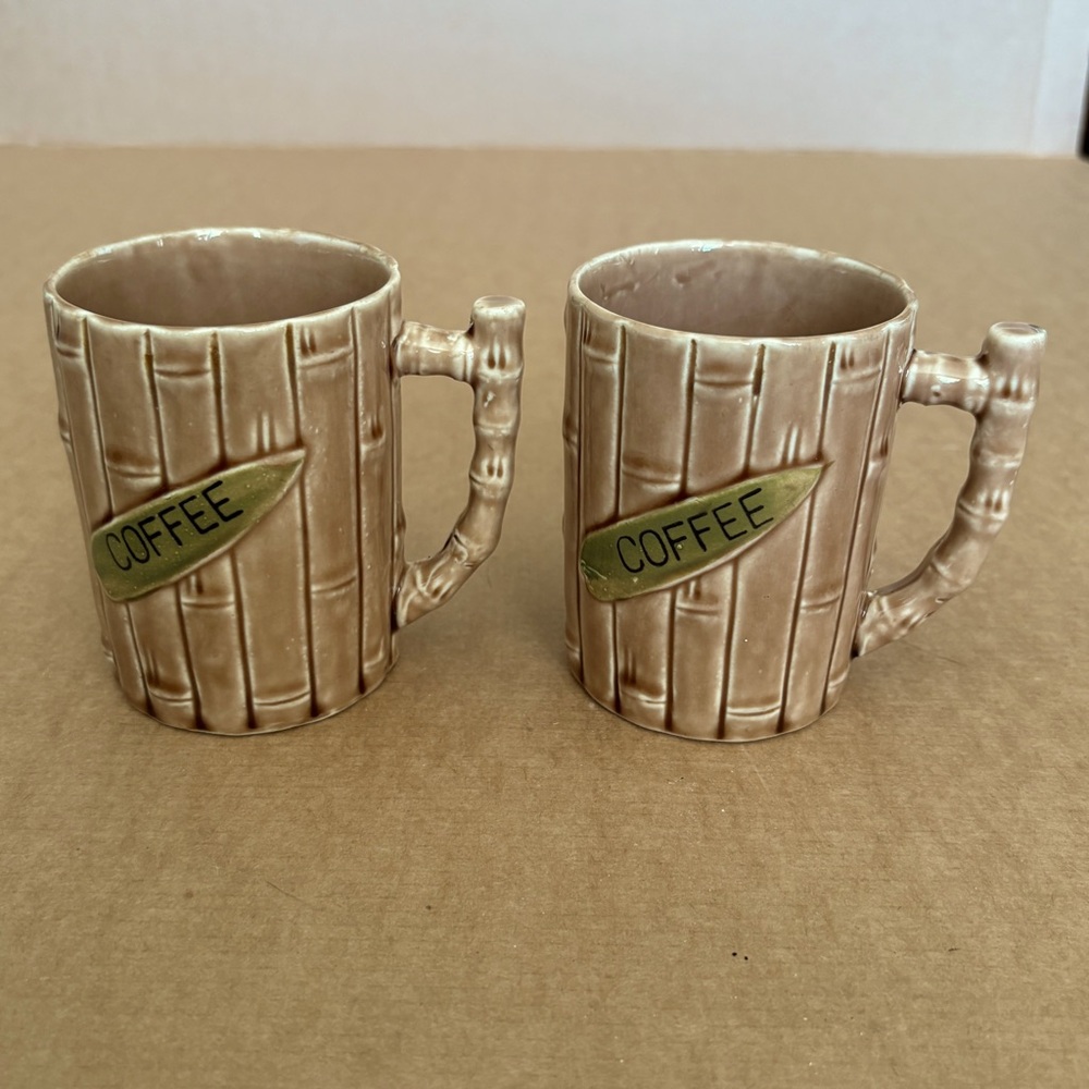 Cute Ceramic Brown Bamboo Coffee Mugs Set of 2 Made in Japan